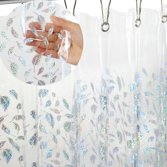 Holographic 3D EVA Shower Curtain Liner Glitter Feather, 72x72 Premium Clear Plastic Bathroom Shower Curtain with Rustproof Metal Grommets for Shower Stall, Bathtubs