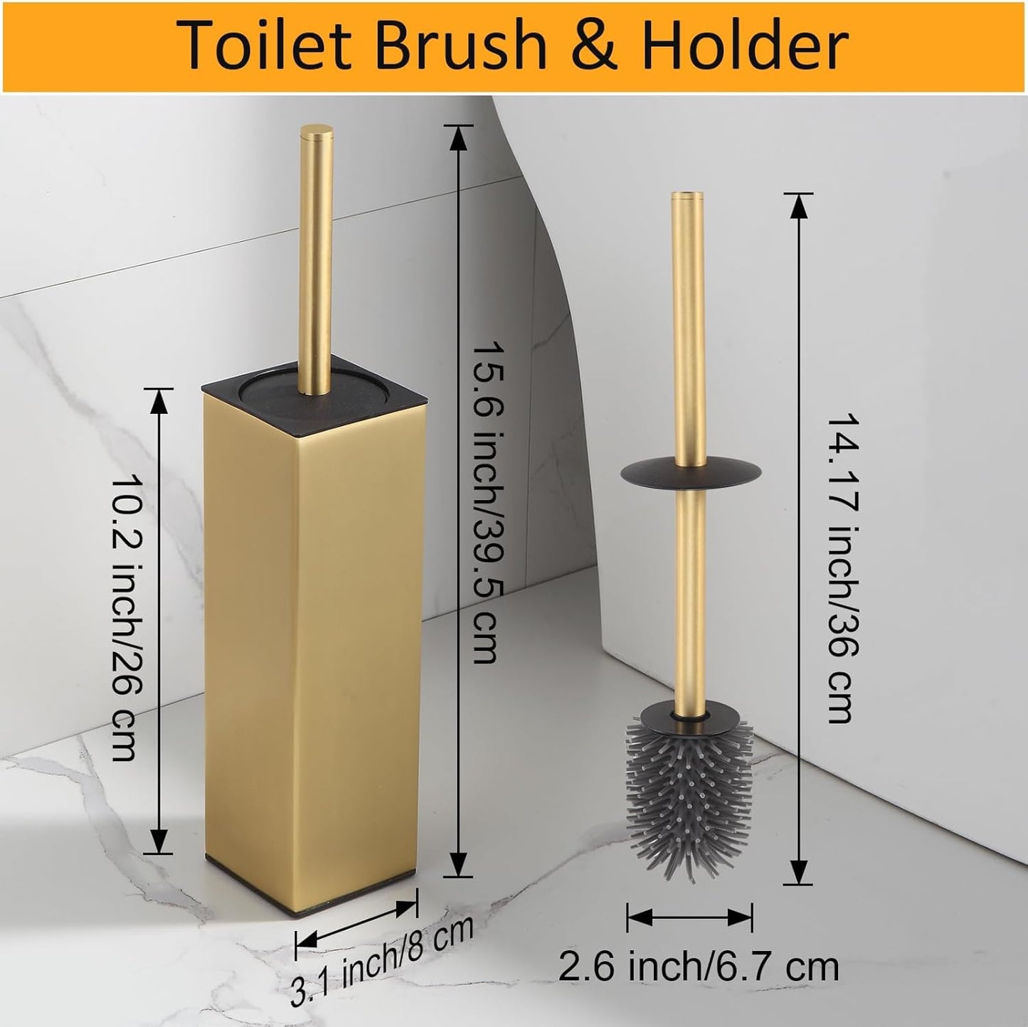 BGL Standing Toilet Brush and Holder Brushed Gold Aluminium Toilet Bowl Cleaner Brush and Holder for Bathroom Storage and Organization, Square Design Sturdy and Space Saving