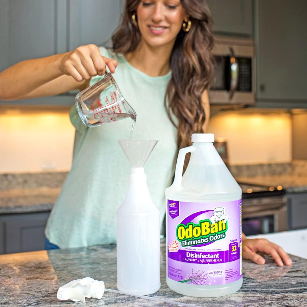 OdoBan Ready-to-Use Disinfectant and Harsh Aroma Eliminator, Set of 2, 14.6 Ounce 360-Degree Continuous Spray Fabric/Air Freshener and 1 Gallon Multi-Purpose Cleaning Concentrate, Lavender Scent