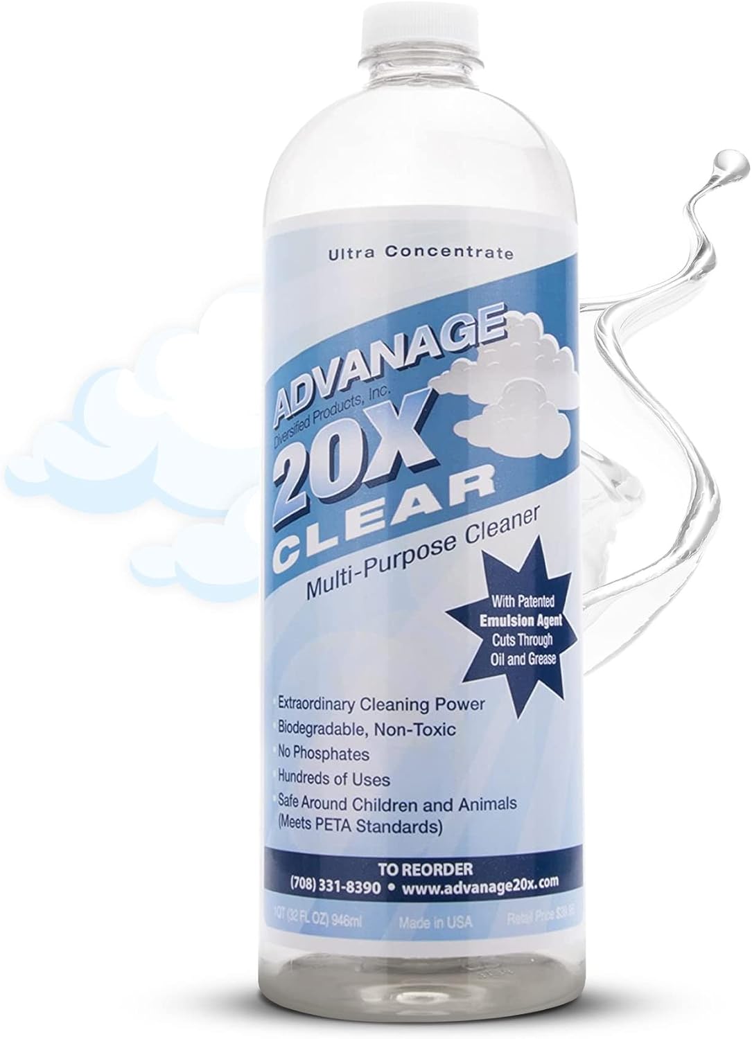 All Purpose Cleaner Concentrate - Advanage 20X The Wonder Cleaner Unscented for All Surfaces Around Bathroom, Kitchen, Oil and Grease | Multi Purpose Cleaner for Household Cleaning Solution | 32 Fl Oz