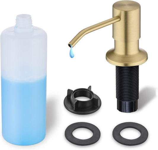 Gold Soap Dispenser for Kitchen Sink, WEWE Brushed Gold Soap Dispenser with Long Spout and Gold Soap Pump Built in Countertop Under Sink Stainless Steel