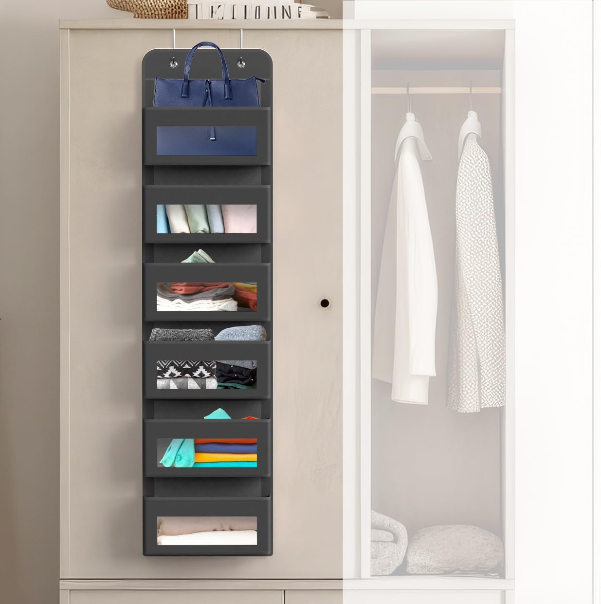 Simple Houseware 6 Clear Window Pocket Over Closet Door Storage Hanging Organizer for Bedroom, Bathroom, Pantry, Dark Gray