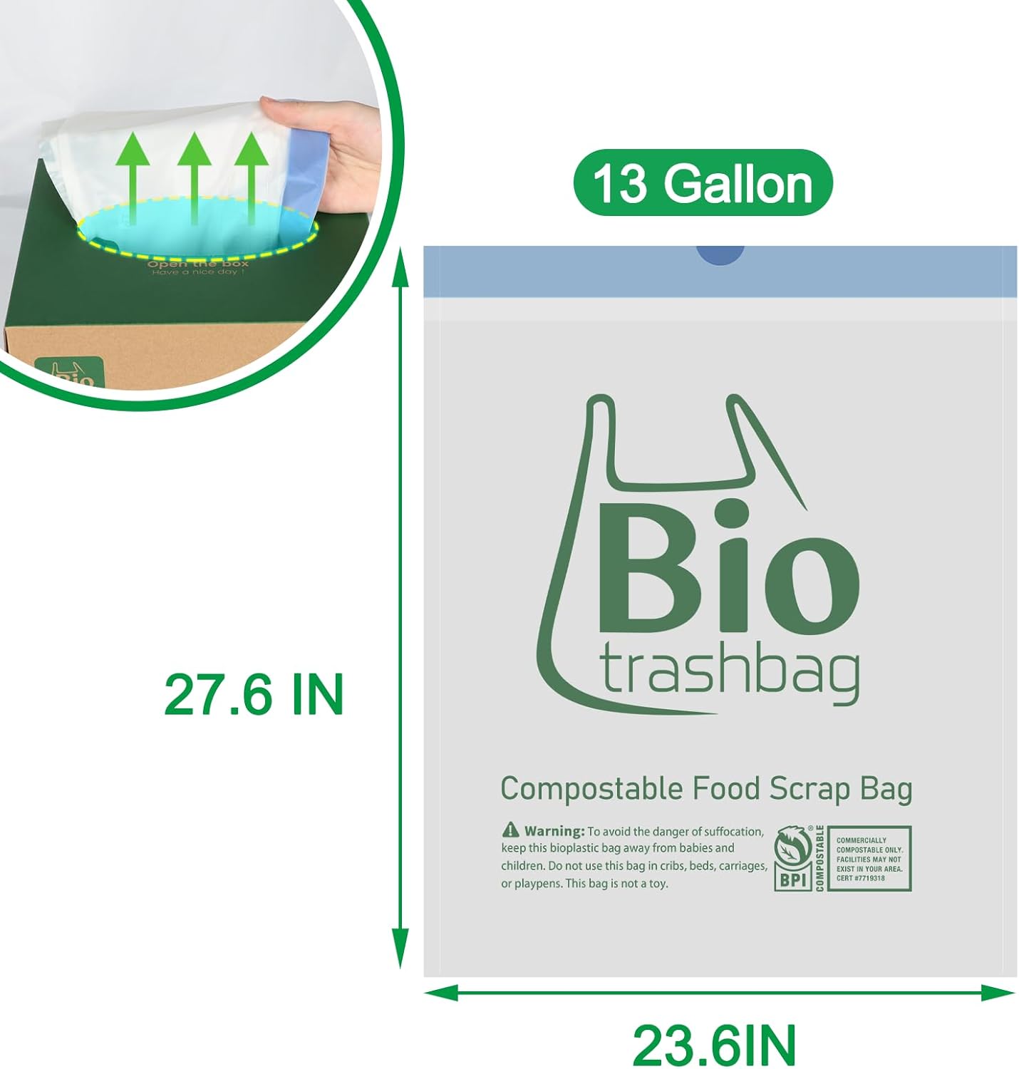 13 Gallon Compostable Trash Bags, 50 Count Biodegradable Drawstring Compost Food Waste Bags, Heavy Duty 1 Mil, 49.2 Liter, Tall Kitchen Large Garbage Bags, US BPI and Europe OK Compost