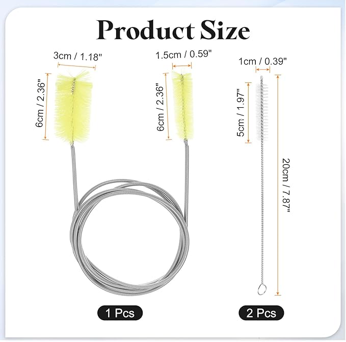 HARFINGTON 3pcs Flexible Long Drain Brush Straw Cleaner Set 61.02" Stainless Steel Double Ended Hose Brush with 8" Nylon Long Tube Pipe Cleaning for Fish Tank Sink Pipe, Yellow