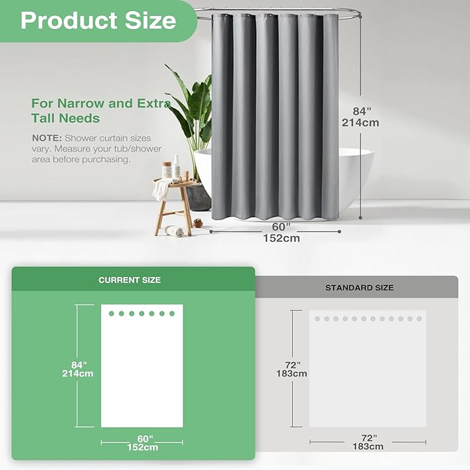 Dynamene Stall Fabric Shower Curtain - 60 x 84 inch Long Waffle Weave Weighted Thick Cloth Shower Curtain for Bathroom, Neutral Heavy Duty Hotel Spa Luxury Bath Curtain Set with 10 Hook, Grey/Gray