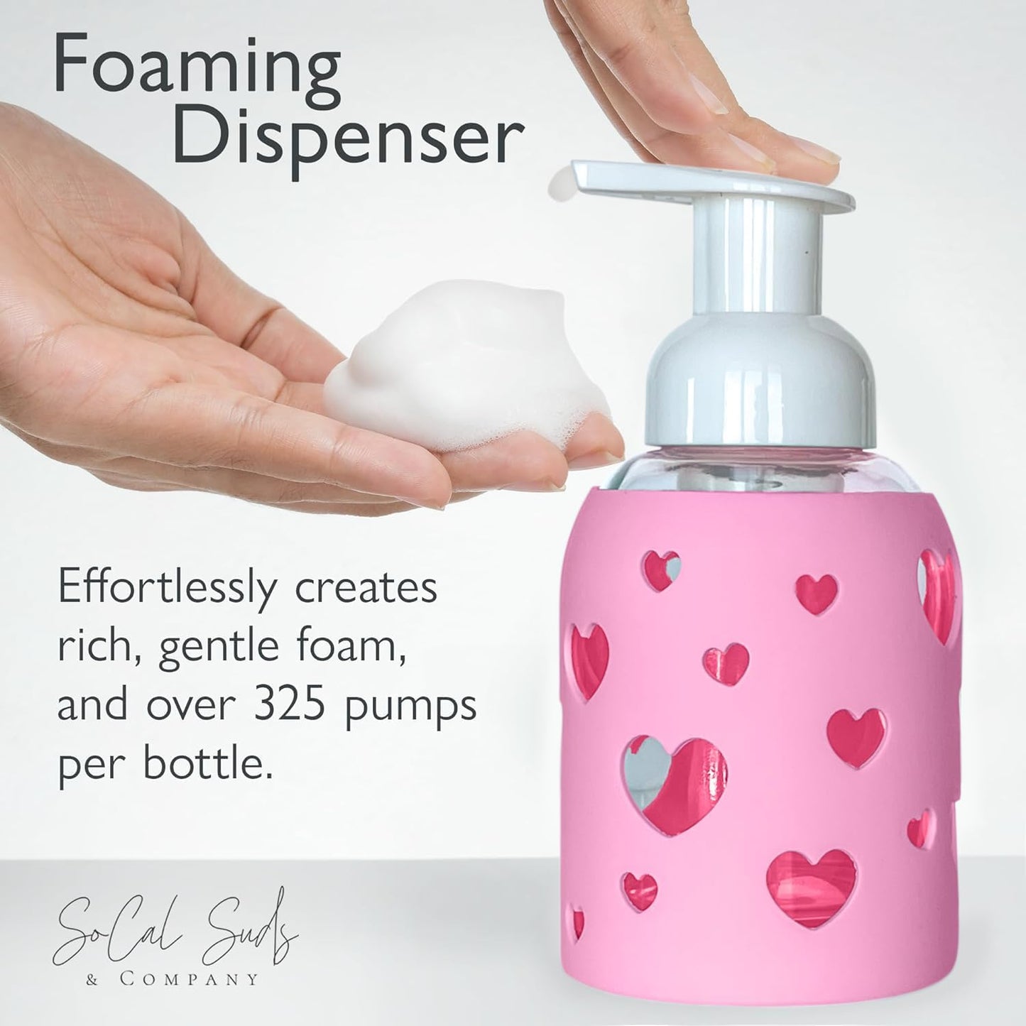 SoCal Suds & Company Glass Foaming Hand Soap Dispenser, Heart Silicone Sleeve, Refillable Pump Bottle for Kids, Baby Wash & Shampoo, Ideal for Home Use, Bright Pink 8oz