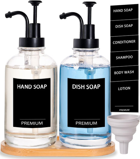 Dish Soap Dispenser for Kitchen, Hand Glass Soap Dispenser Set with Pump, Tray, Funnel for Bathroom, Shower, Laundry, Liquid, Lotion (Black 2 Pack 18 Oz Clear Bottles with 12 Stickers)
