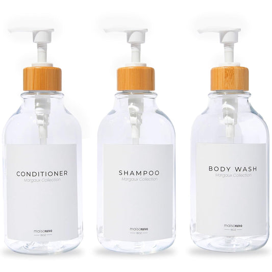 MaisoNovo Refillable Shampoo and Conditioner Bottles | 16.9 fl oz Set of 3 Clear Plastic Bottles White Bamboo Pumps