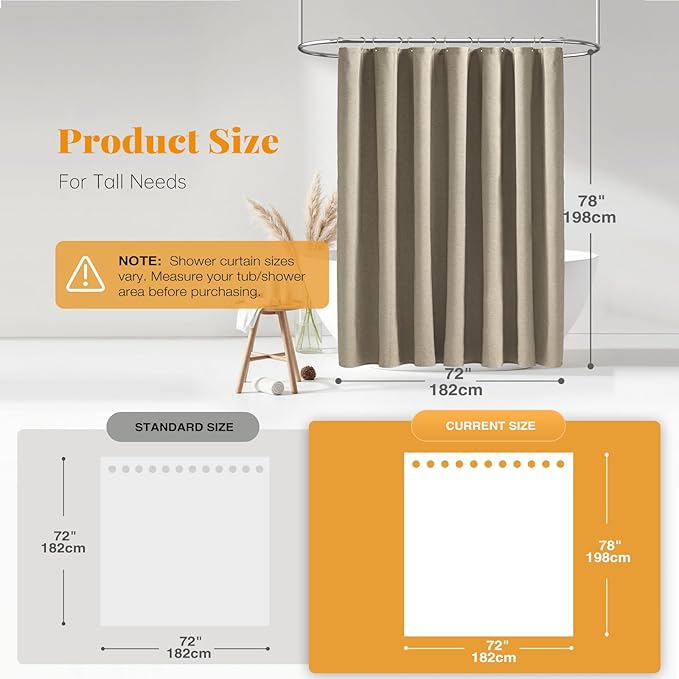 BTTN 78 Inch Long Shower Curtain - Linen Textured Heavy Duty Polyester Fabric Shower Curtain Set with 12 Plastic Hooks, Hotel Spa Neutral Curtains for Bathroom Showers and Bathtubs - 72x78 - Khaki/Tan