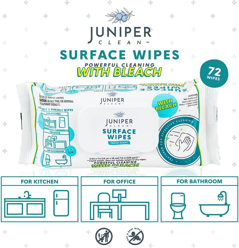 24 Pack Surface Cleaning Wipes with Bleach, All-Purpose Cleaner for Bathroom, Kitchen, Office, 1728 Count Soft Flow, Fresh Scent, Lint Free & Durable