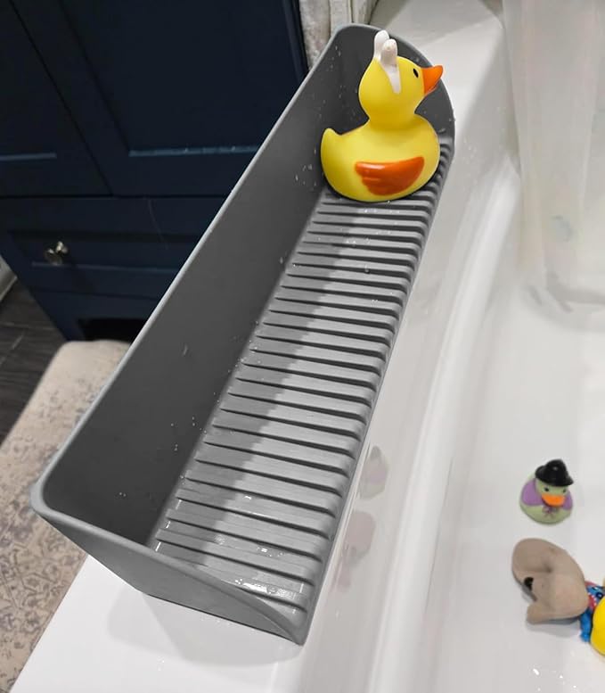 Roslim Splash Guard for Bathtub & Sink - Silicone Bath Splash Guard Shelf, Bath Toy Tray Holder, Tub Water Splash Guard with 4 Suction Cups, 1Pack, Grey