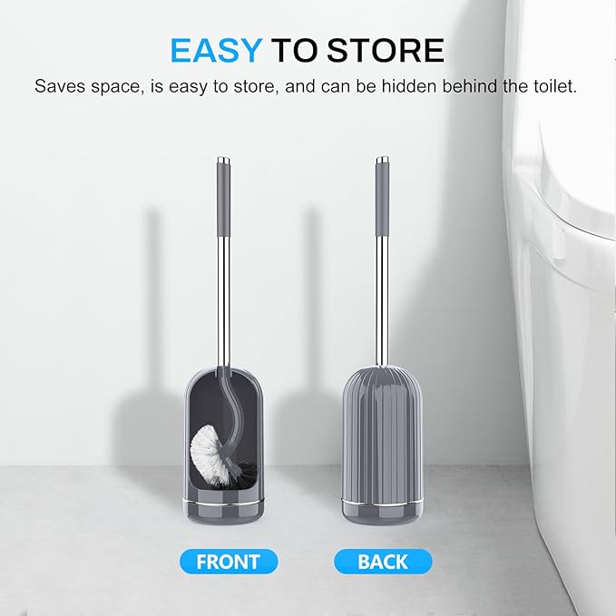 SetSail Toilet Brush and Holder Set, Compact Size Curved Toilet Bowl Brush for Bathroom Deep Cleaning with Stainless Steel Handle Toilet Cleaner Brush, Grey