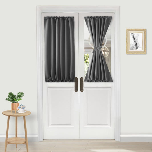 DWCN French Door Curtains – Rod Pocket Thermal Blackout Curtain for Doors with Glass Window, Kitchen and Patio Doors for Privacy, 25 X 40 Inch Length, 1 Curtain Panel with Tieback, Dark Grey