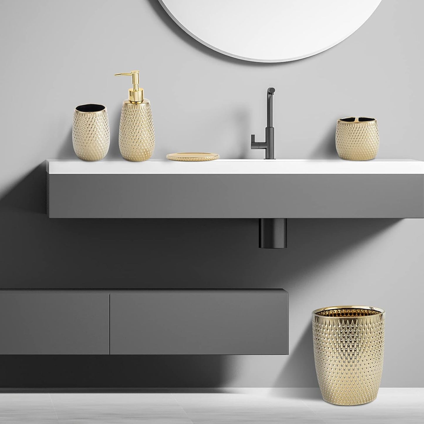 Modern Golden Small Trash Can Wastebasket, Garbage Container Bin for Bathrooms, Powder Rooms, Kitchens, Home Offices - Durable Ceramics - Round