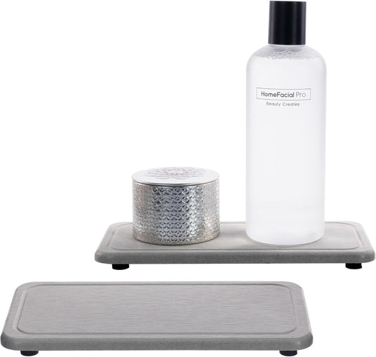2 Pcs Water Absorbing Stone Trays, Kitchen/Bathroom Sink Soap Dish, Diatomite Tray Used for Hand Soap & Cosmetic Bottles in The Modern Home, 4" W x 8.3" L, Gray
