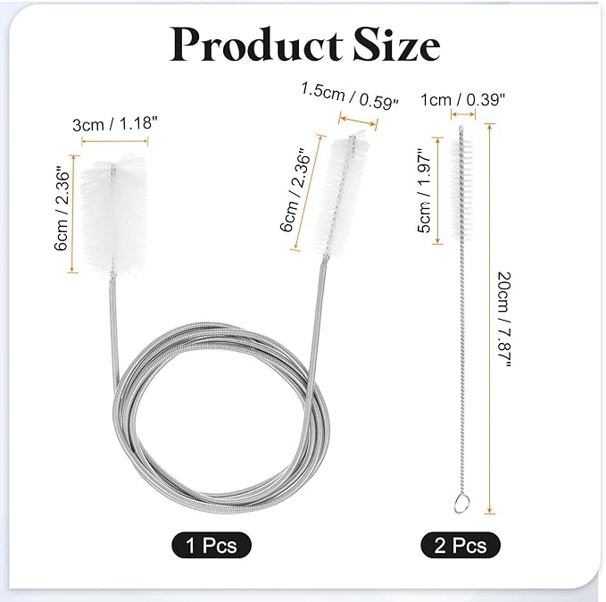 HARFINGTON 3pcs Flexible Long Drain Brush Straw Cleaner Set 78.74" Stainless Steel Double Ended Hose Brush with 8" Nylon Long Tube Pipe Cleaning for Fish Tank Sink Pipe, White