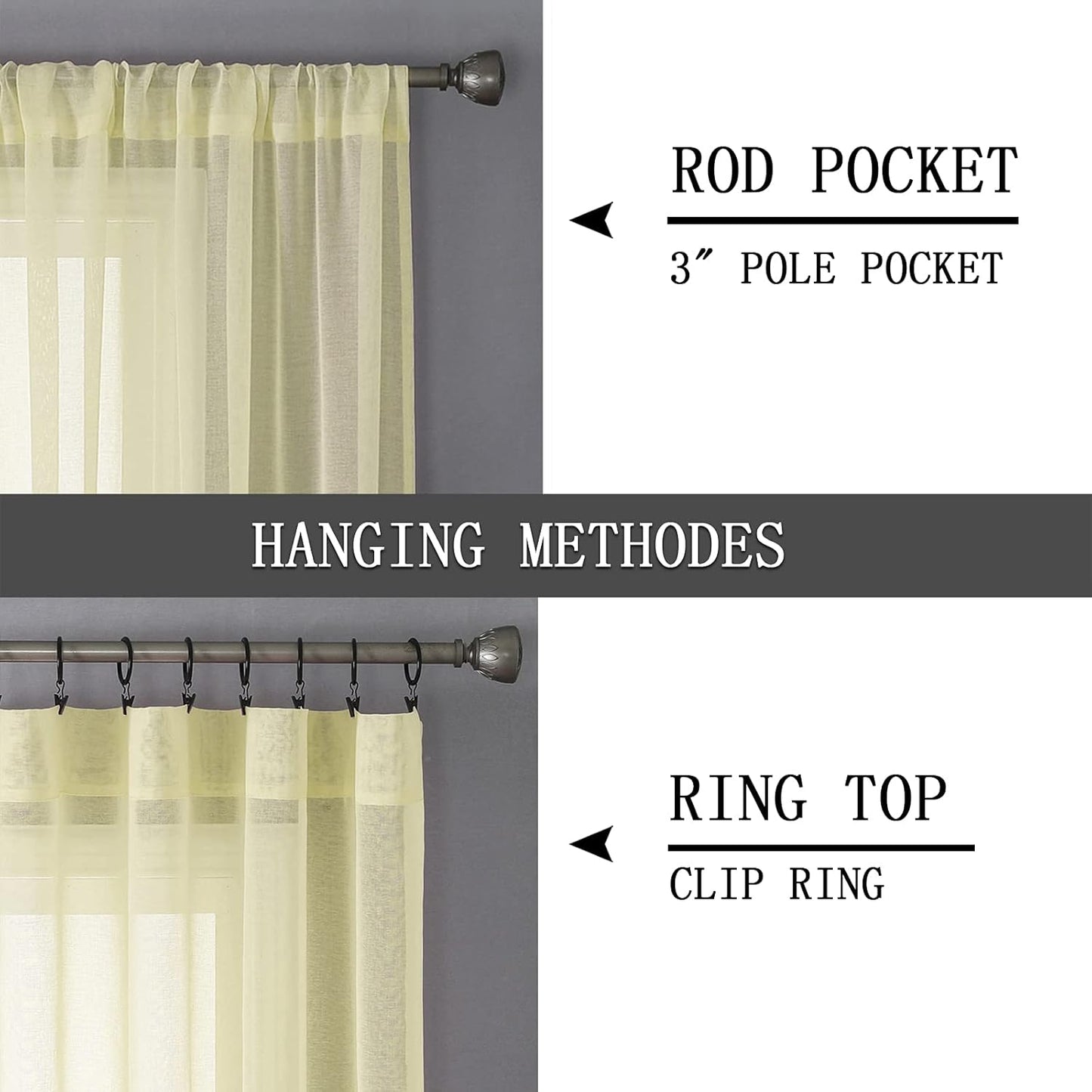Tollpiz Sheer Curtains Living Room Linen Textured Curtain Sheers Light Filtering Voile Rod Pocket Curtains for Bedroom, 38 x 63 inches Long, Transparent Yellow, Set of 2 Panels