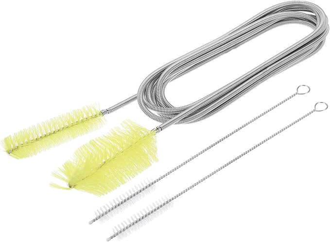HARFINGTON 3pcs Flexible Long Drain Brush Straw Cleaner Set 78.74" Stainless Steel Double Ended Hose Brush with 8" Nylon Long Tube Pipe Cleaning for Fish Tank Sink Pipe, Yellow