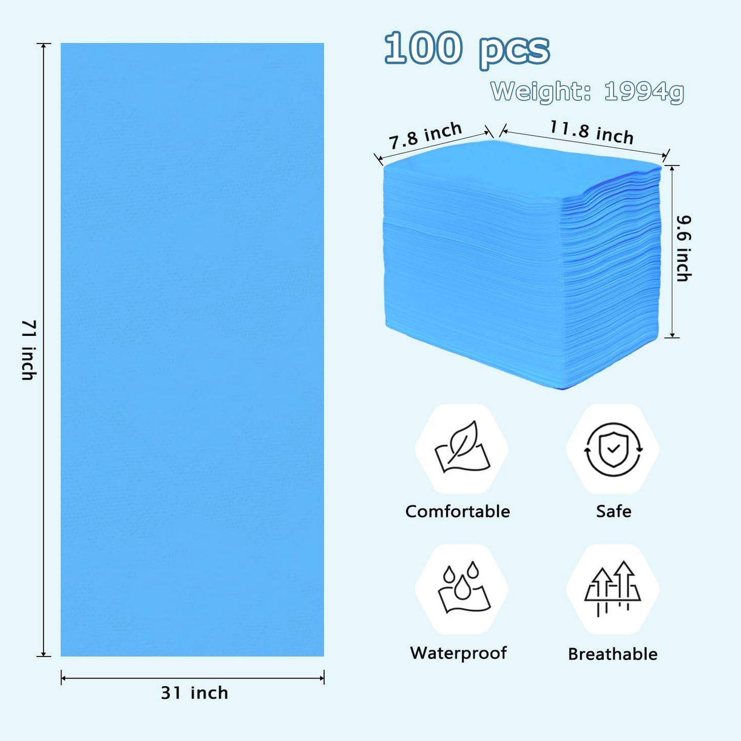 100Pcs Disposable Massage Table Sheets 31" x 71" Non-Woven Fabric Disposable Bed Sheets SPA Bed Cover Breathable Oil-Waterproof Sheets for Travel Spa Tatto Hotel Salon (Blue)