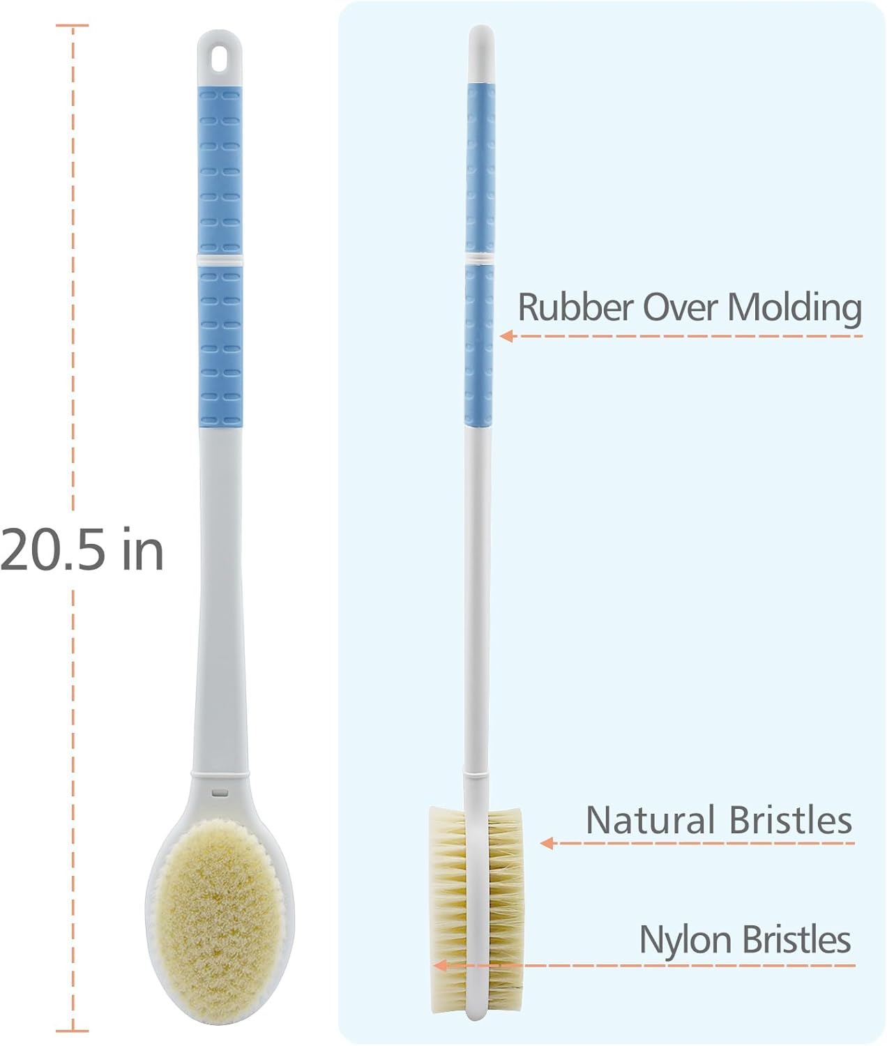 Shower Brush with Soft and Stiff Bristles,20.5" Extra Long Handle Dual-Sided Back Scrubber Bath Brush Body Exfoliator for Wet or Dry Brushing (Extra Long Handle)