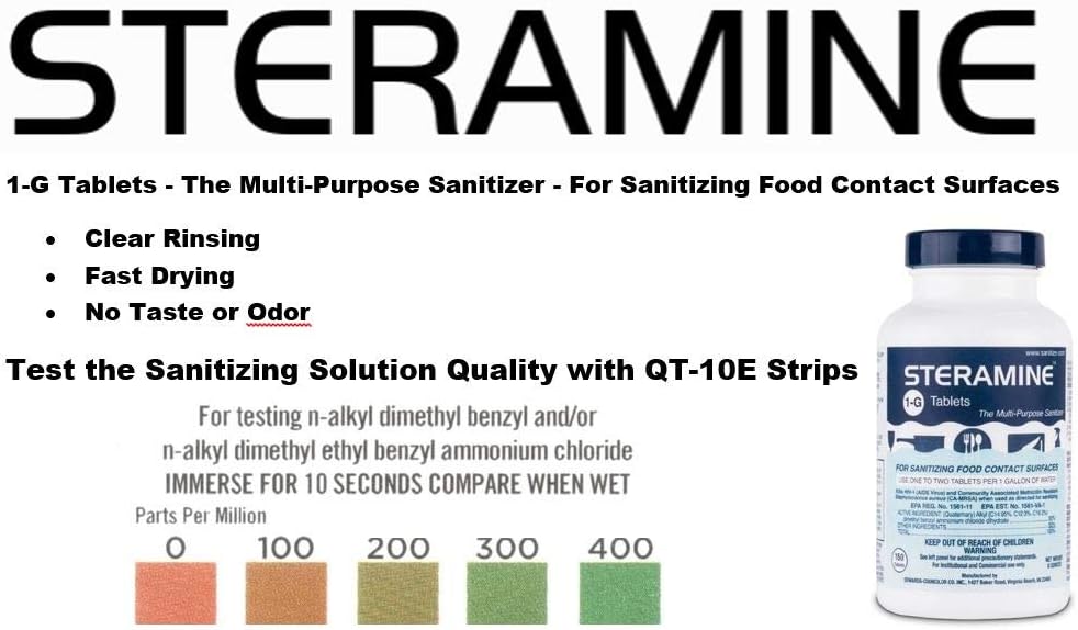 2 Bottles Steramine Sanitizer Tablets - 15x QT-10 Test Strip - Multi Purpose Steramine Sanitizing Tablets for Food Contact Surface in Kitchen, Restaurant & Food Service by FryOilSaver Co. (300 Count)