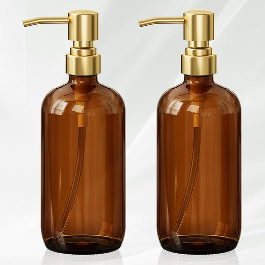 AmazerBath Amber Glass Soap Dispenser, 2 Pack Vintage Brown Bottle with Stainless Steel Pump,17 Oz Hand Dish Soap Dispenser Bottle, Modern Soap Dispensers for Bathroom Kitchen