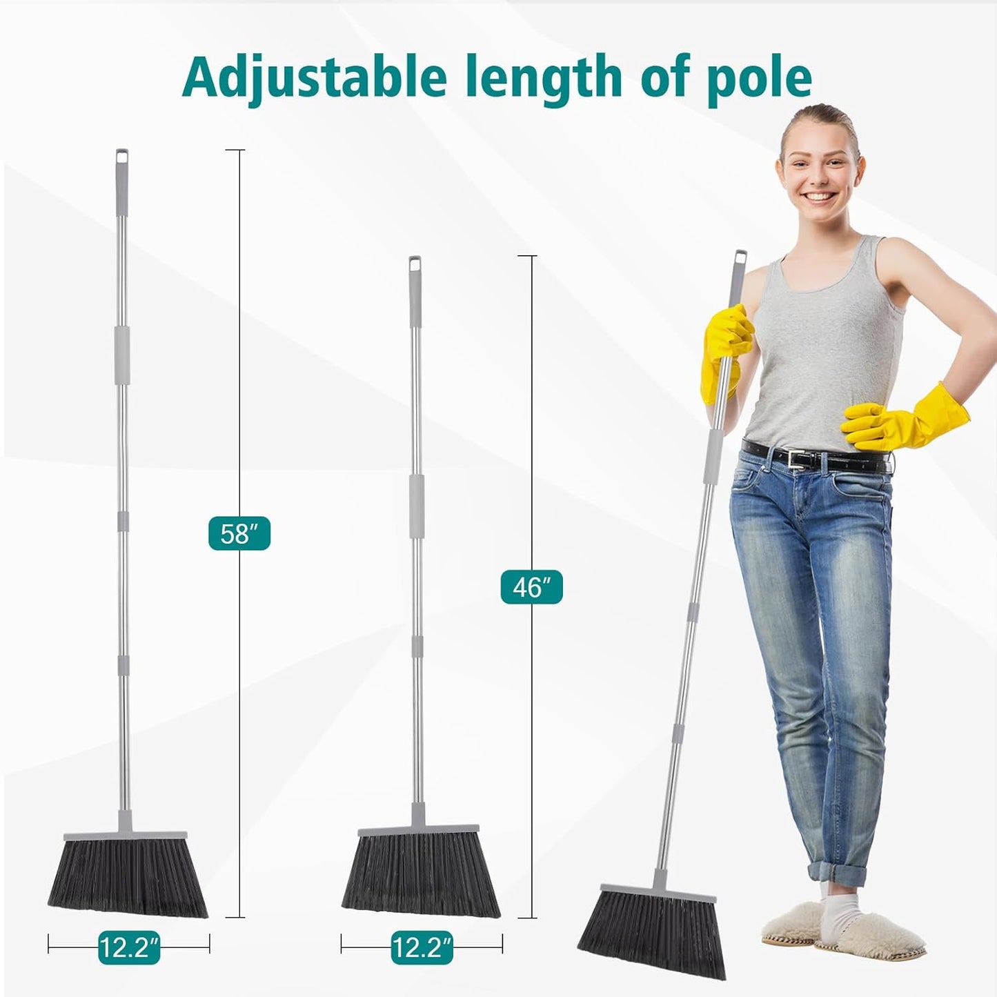 PBHEPJ Broom, Outdoor Broom for Floor Cleaning, 58" Long Stainless Steel Handle, Hard Bristle Angle Broom for Sweeping Indoor, Commercial, Industrial, Garage, Kitchen