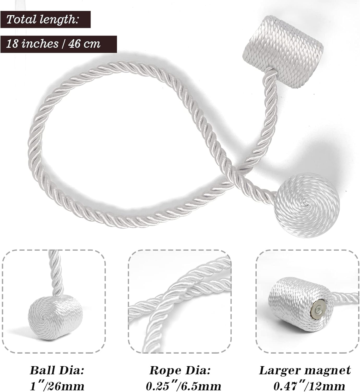 Hion Magnetic Curtain Tiebacks White 6 Pack, Curtain Tiebacks Buckles Holdbacks Holders Hooks Clip for Home Bedroom Office Decorative Thick or Thin Curtain