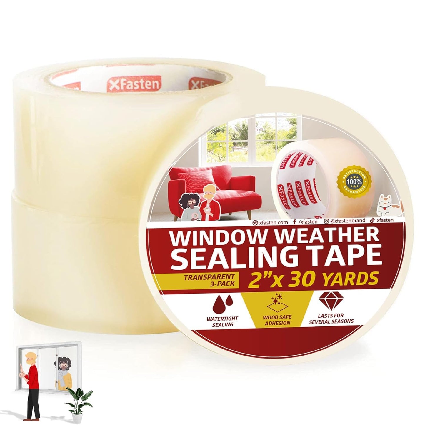 XFasten Transparent Window Weather Stripping Tape 2”x30yds (3-Pack Total 90yds), No Residue Insulation Tape for Windows and Doors, Winter Window Seal