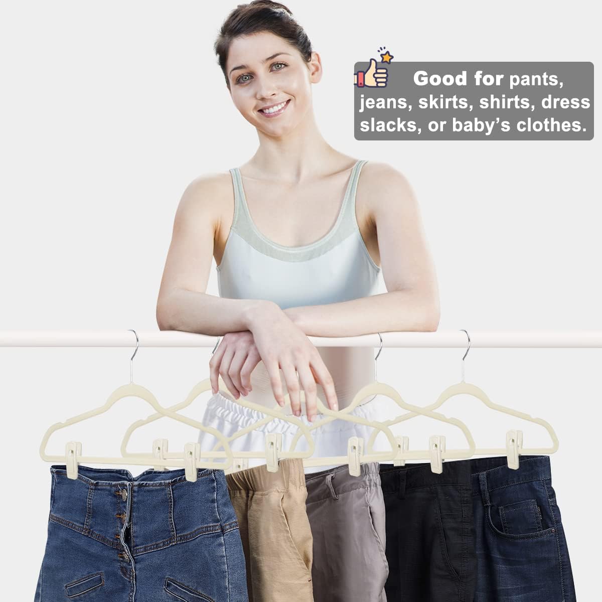 Beige Velvet Hanger Clips (60-Pack), Non-Slip Velvet Clip Work Perfectly for Ivory/Beige Velvet Hangers, Pant Skirt Hanger Velvet Clips Fit for Velvet Clothes Hangers