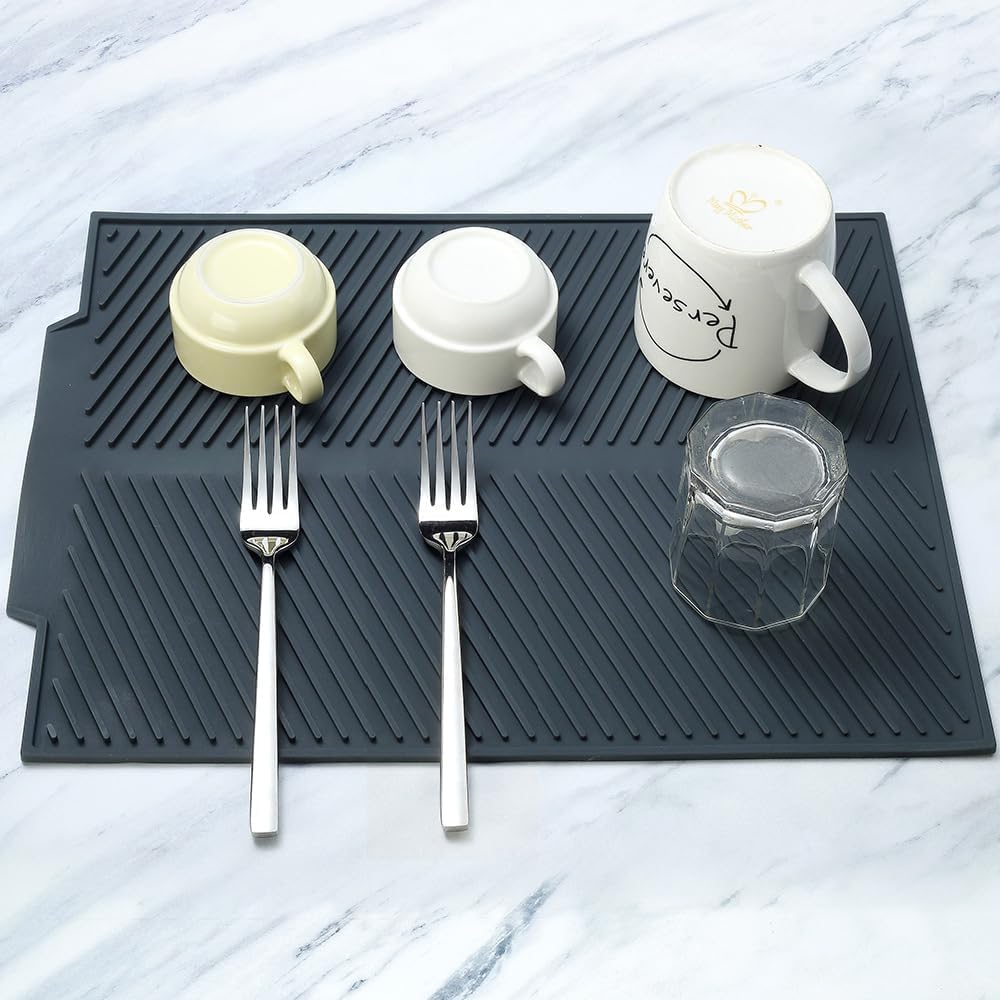 Silicone Dish Draining Mat, Eco Friendly Dish Drying Mat Kitchen Counter Anti-Skid and Heat Insulation Pad, Sink Drainer Mat with Dense Drainage Grooves (M (17"×13"))