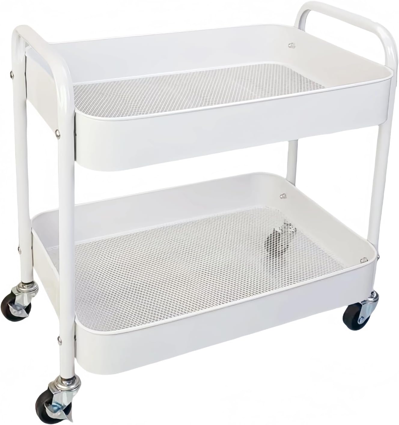 2 Tier Metal Rolling Cart with Wheels for Under Desk Storage & Pantry Storage, High Load-Bearing Kitchen Utility Cart for Small Space, Laundry Room Organization Side Table with 4 Hooks, White