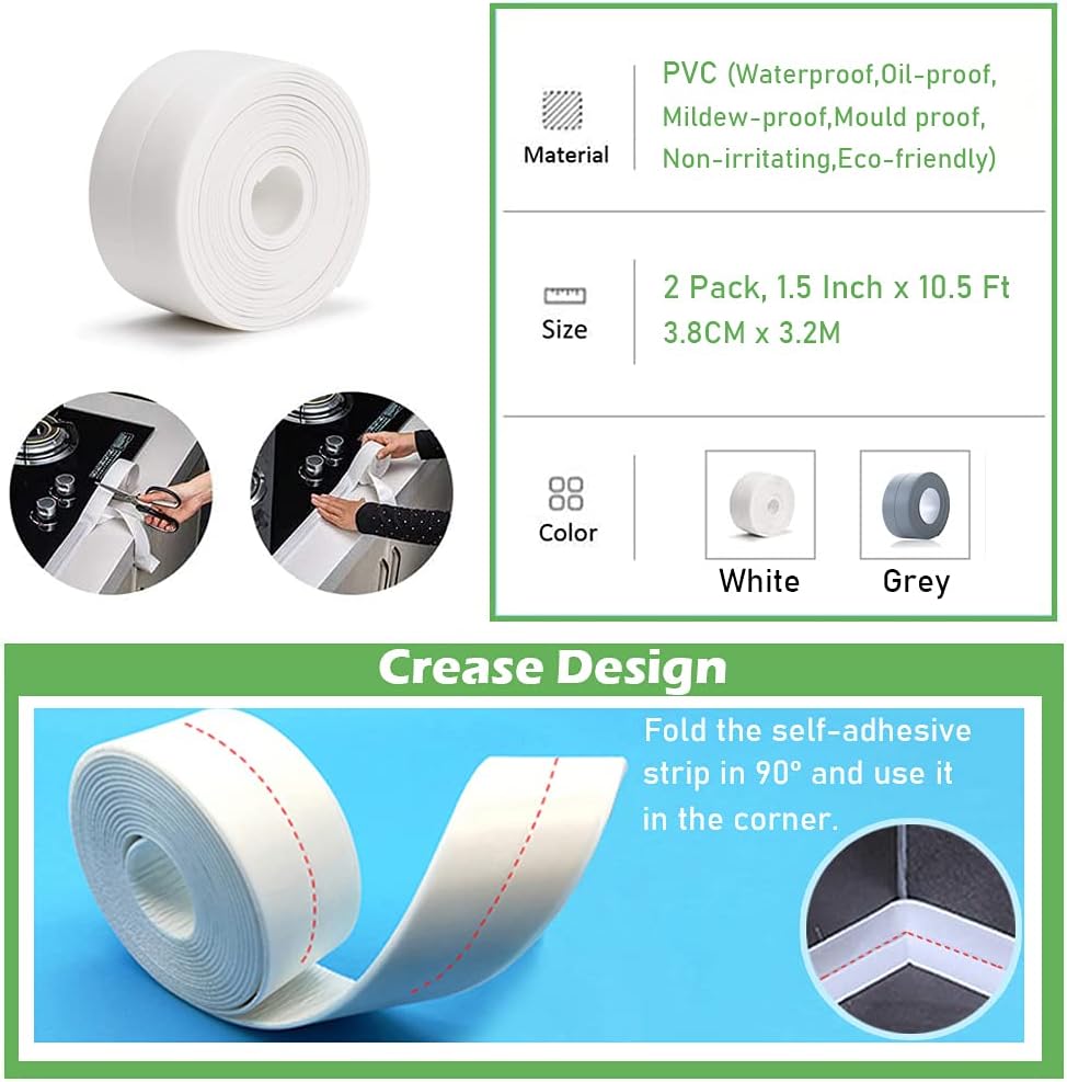 2 Pack Caulk Strip, 1.5" x 10.5Ft PVC Self Adhesive Caulk Tape, Sealing Waterproof Silicone Tape for Bathroom Bathtub Kitchen Toilet Wall Windows