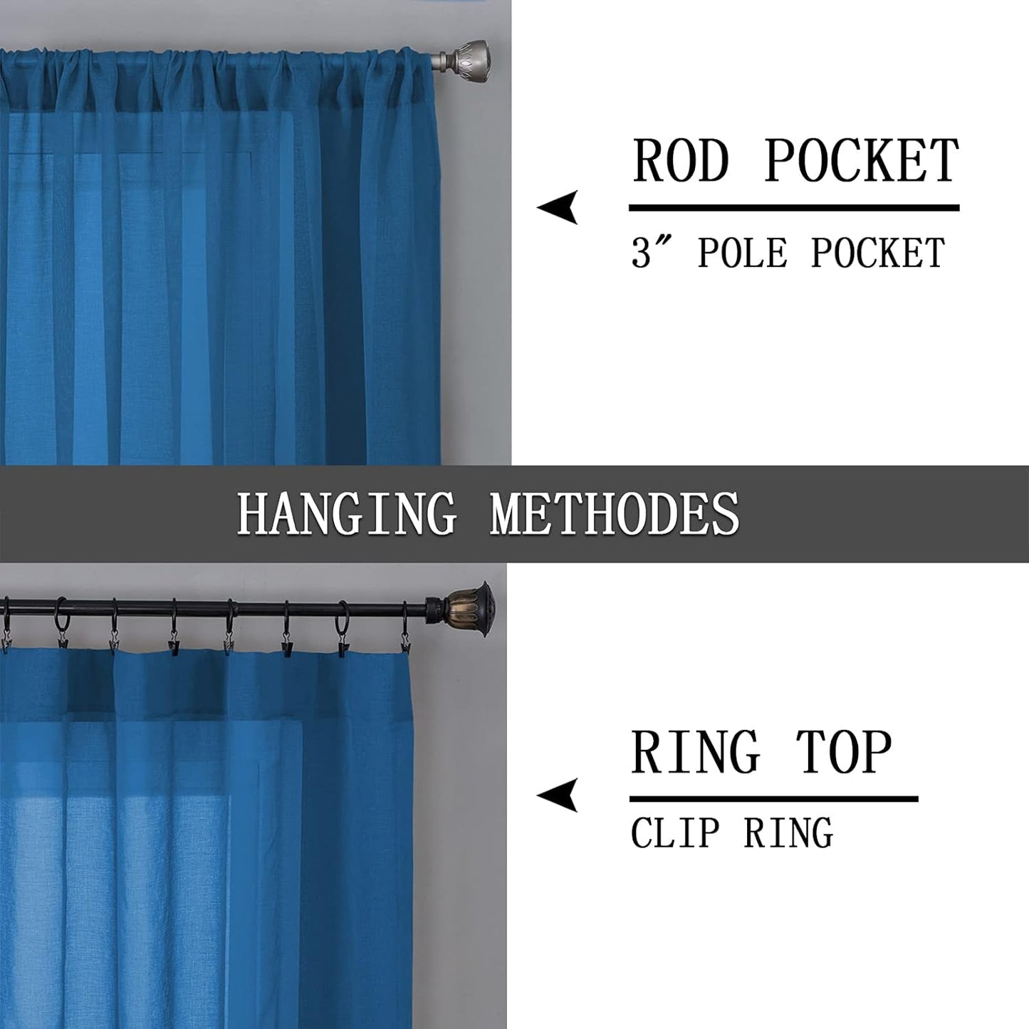Tollpiz Short Sheer Curtain Living Room Linen Textured Curtains Sheer Light Filtering Voile Rod Pocket Curtain for Bedroom, 38 x 54 inches Long, Classic Blue, Set of 2 Panels