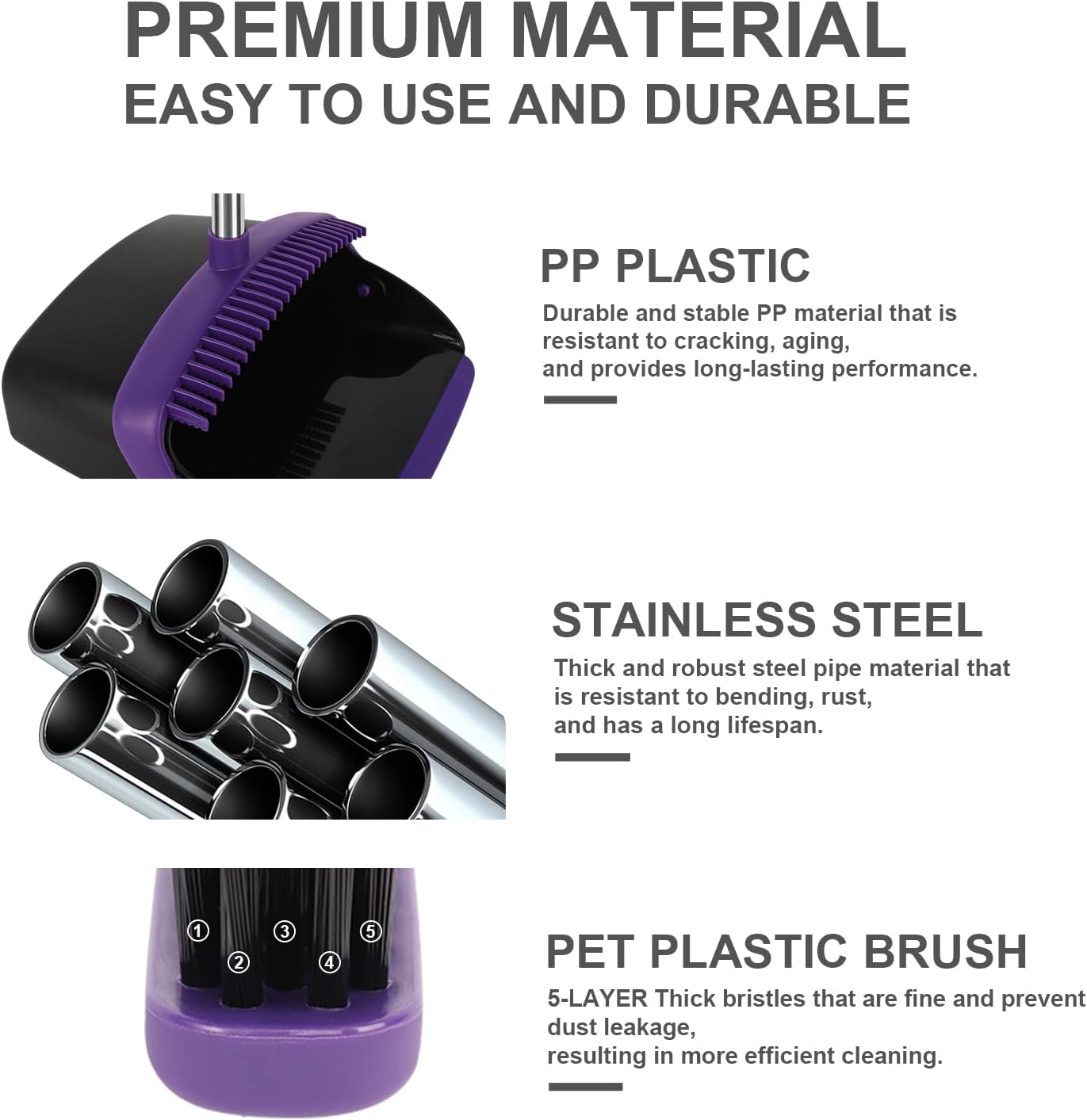 Broom and Dustpan Set, Large Household Dustpans and Broom with 55 Inch Long Handle, Pueple Broom with Dustpan Combo Set for Home