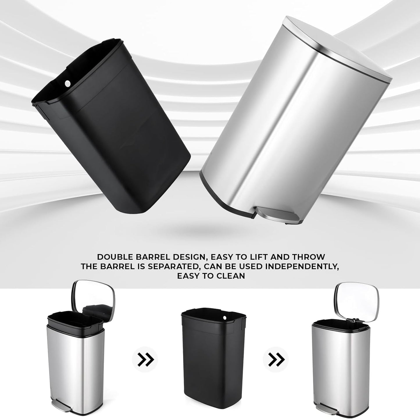 13.2 Gal Kitchen Trash Can, 50L Recycling or Garbage Bin, Brushed Stainless Steel Waste Basket, Soft&Quiet Close Dustbin, with Step-On Pedal, Removable Inner Bucket, for Home, Office, LIving Room