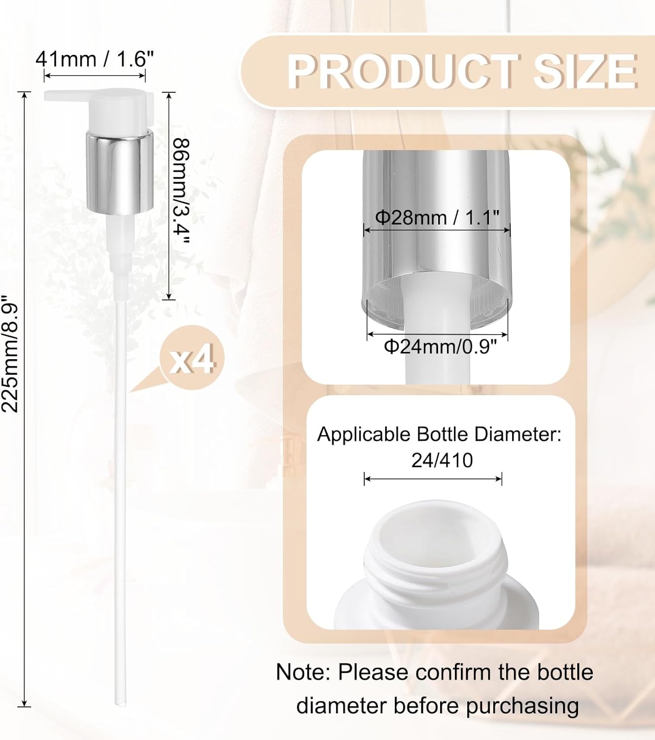 uxcell 4 Pcs Soap Dispenser Pump Heads, Hand Soap Dispensers Top Pumps Replacement Clip-on Pumphead for Standard 24/410 Neck Size Bathroom Lotion Shampoo Bottle, Silver White