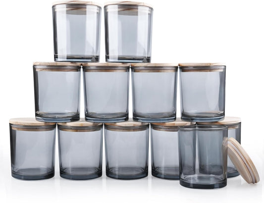 14 OZ Thick Candle Jars for Making Candles 12 Pcs, 3 Wick Empty Jars with Wood Lids for Candle Making, Sample Container,Clear Grey