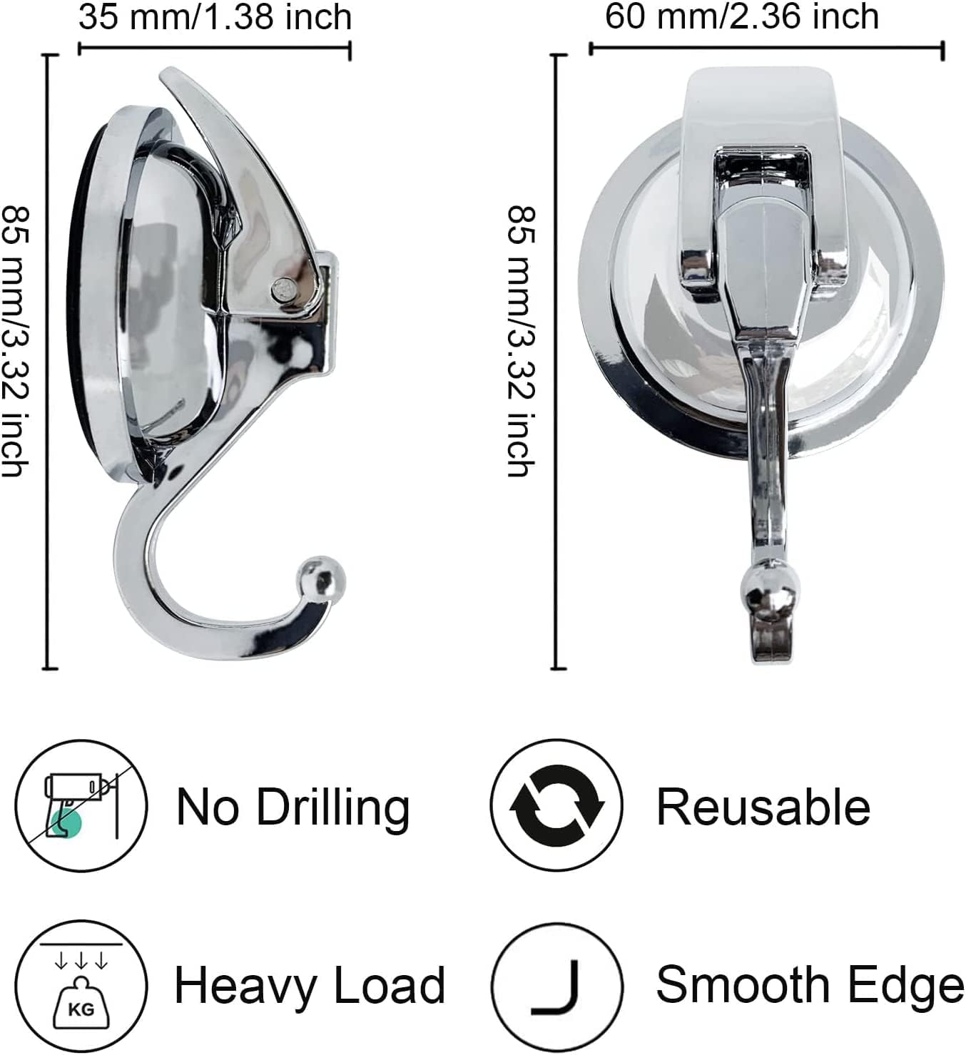 Suction Cup Hooks - Heavy Duty Glass, Reusable, No Hole Punched, for Bathroom Robe & Garland (Silver, 4 Pack)