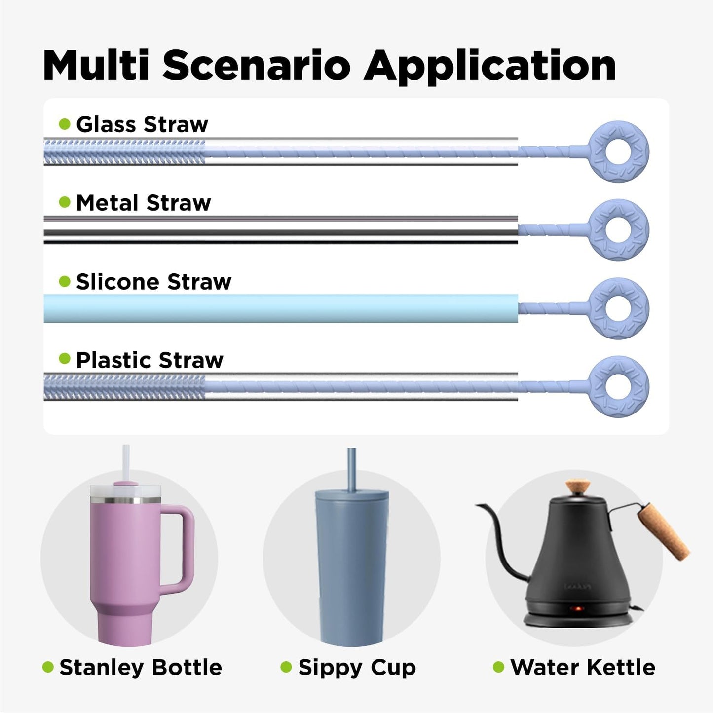 2 Pcs Silicone Straw Cleaner Brush, Extra Long Cleaning Brushes for Straws, 6mm&9mm, Blue