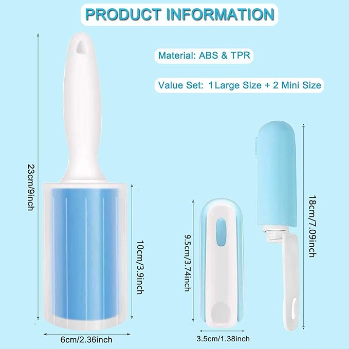 Reusable Washable Lint Roller 3 Pack, Sticky Gel Lint Rollers, Cat Dog Pet Hair Lint Remver Cleaner for Clothes, Carpet, Travel, 1 Large Roller with Dust Cover and 2 Mini, Portable Small Lint Brush