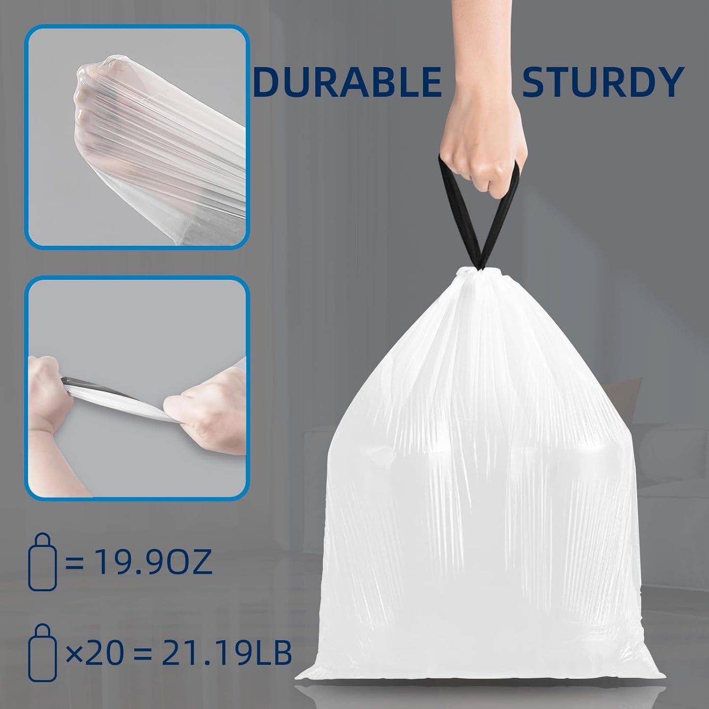 2.6 Gallon Mini Drawstring Trash Bags, Small Garbage Bags by KSSKSS, Code a fit 10-15 Liter, 2.6-4 Gal, White Trash Bin Liners for Home Office Kitchen Bathroom Bedroom, 120 Counts