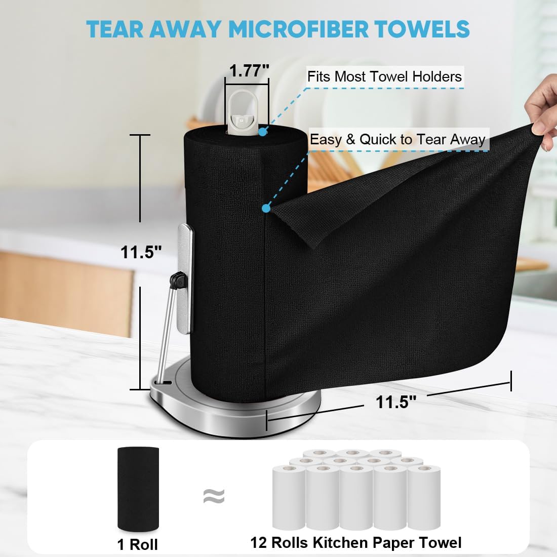 AIDEA Microfiber Cleaning Cloth Roll, 75PK, Black Microfiber Towels for Cars, Reusable Paper Towels Tear Away Cloth, Shop Rags, Lint Free Cleaning Rags for House, Kitchen, Window, 11.5"×11.5"