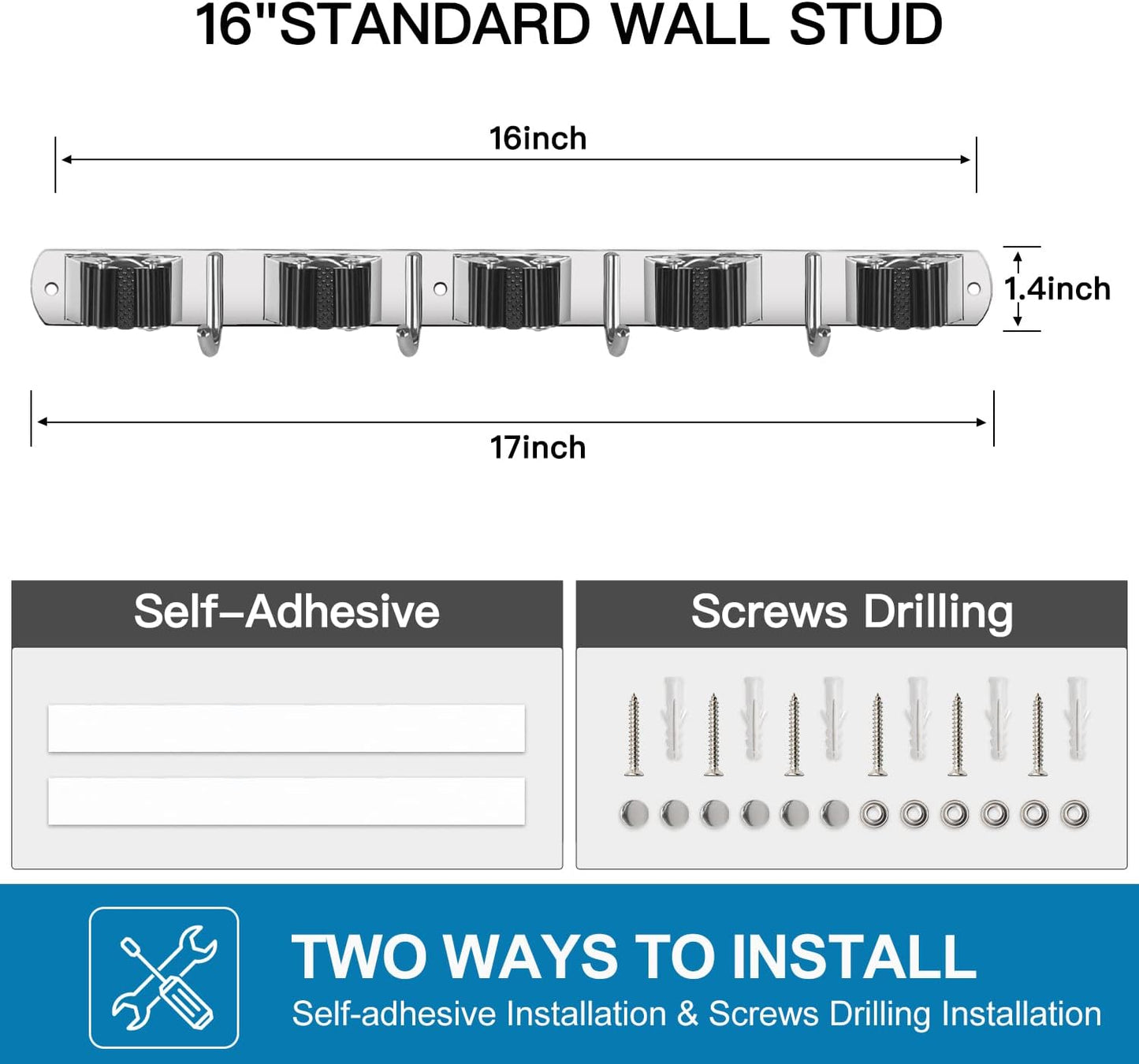 IMILLET 2 Pack Wall Mount Broom Holder Stainless Steel 5 Racks with 4 Hooks Broom Organizer Self Adhesive Heavy Duty Laundry Room, Garage Organization Storage