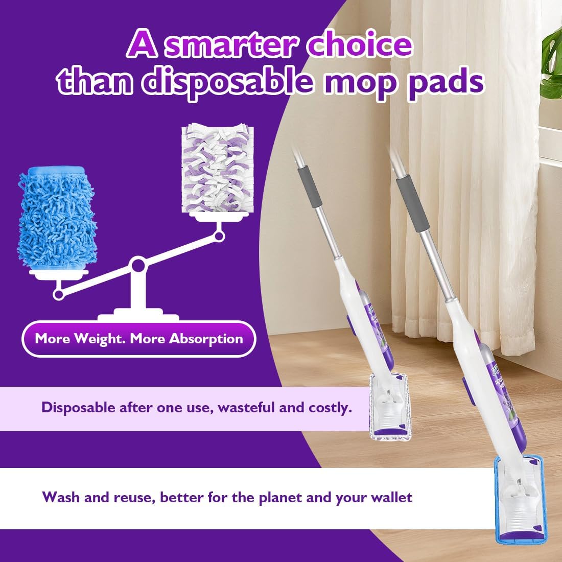 Reusable Mop Pads for Swiffer PowerMop, 8 Pack Microfiber Mop Pad Refill with Scrubber Strips for 13''-15'' SprayMop, Washable Mop Pads Use for Most Floor Types, Designed for Pets - Blue