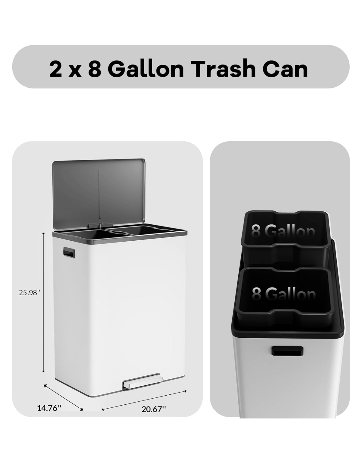 Garvee Dual Trash Can for Recycling and Trash, 2 x 30 L (60 L) Stainless Steel Kitchen Trash Can with Lid and Foot Pedal, Double Compartment Garbage Can, with Recycling Bin, 2 x 8 Gallon