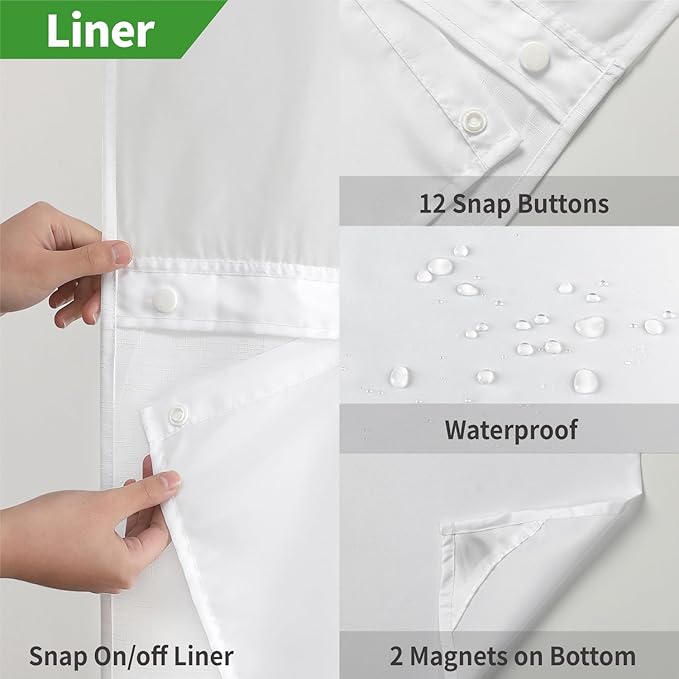Extra Long No Hooks Needed Linen Textured Shower Curtain with Snap-in Fabric Liner Set,Tall Hotel Luxury Decor Shower Curtains for Bathroom,Waterproof & Washable,71Wx98H,White