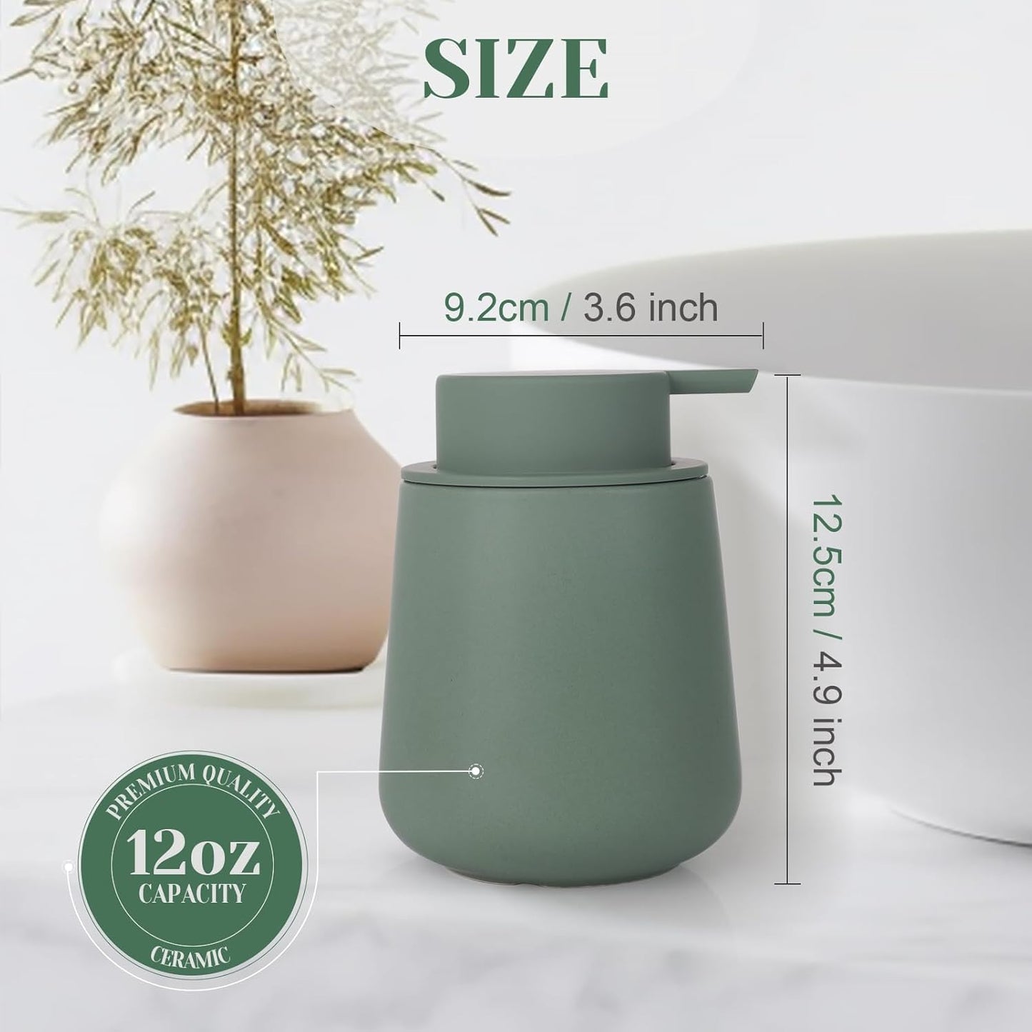INGOFIN Ceramic Foaming Soap Dispenser - 12oz Foam Hand Soap Dispenser Bathroom, Modern Dish Soap Bottle with Pump for Kitchen, Matte Green