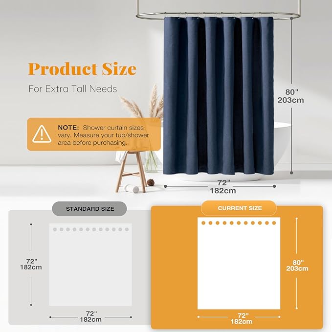 BTTN Long Fabric Shower Curtain - 72x80 Inch Linen Textured Heavy Duty Polyester Cloth Shower Curtain Set with 12 Plastic Hooks, Hotel Luxury Waterproof Modern Shower Curtains for Bathroom, Navy Blue