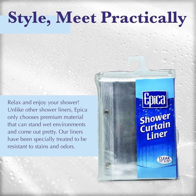 Epica Shower Curtain – Strongest Heavy-Duty Clear Vinyl 72x72 Shower Curtain Liner – Stain & Soap Scum Resistant with Rust-Proof Metal Grommets (White)